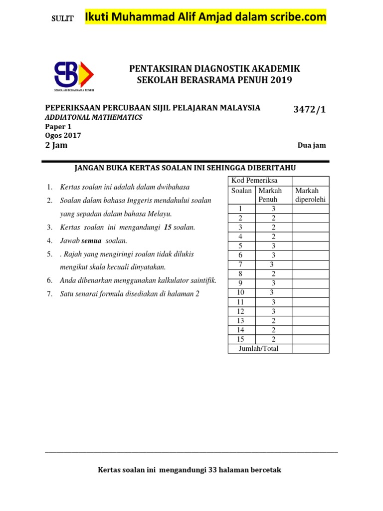 Trial SBP SPM Addiatonal Mathematics 2019