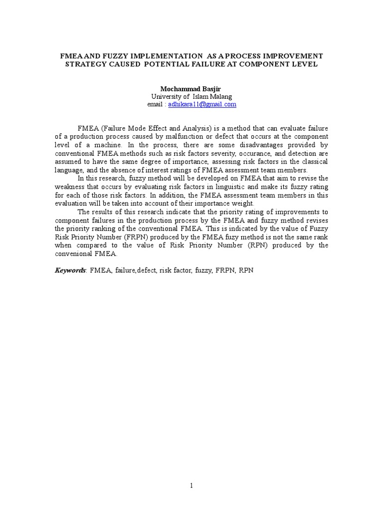 Fuzzy FMEA for Component Failure Analysis | PDF