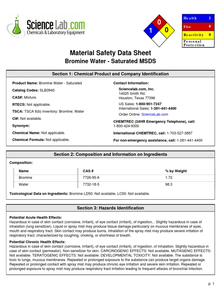 Saturated Solution Of Bromine Msds