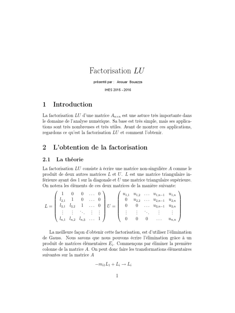 Introduction à la factorisation LU | PDF | Relations mathématiques ...