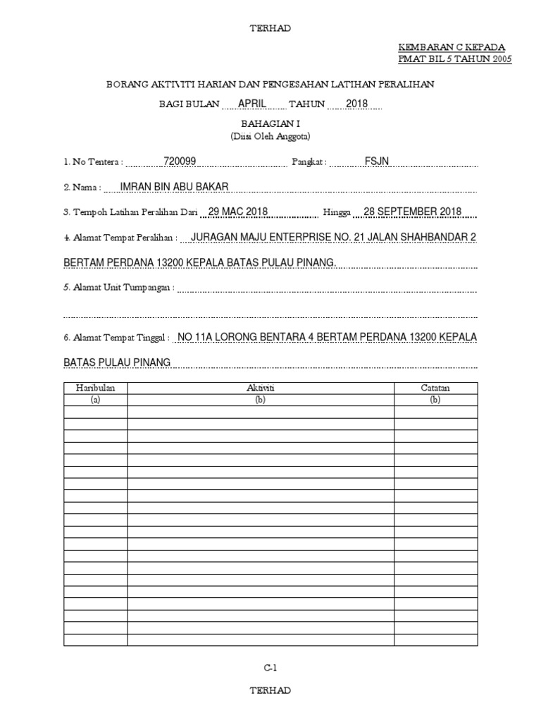 Borang Aktiviti Harian Pdf