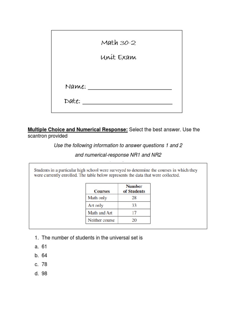 Math 30-2 Set Theory Practice Exam | PDF | Test (Assessment) | Behavior ...