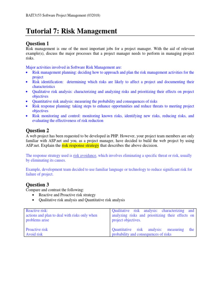 SPM-Tutorial-07 (QnA) 2.18 | PDF | Risk Management | Risk
