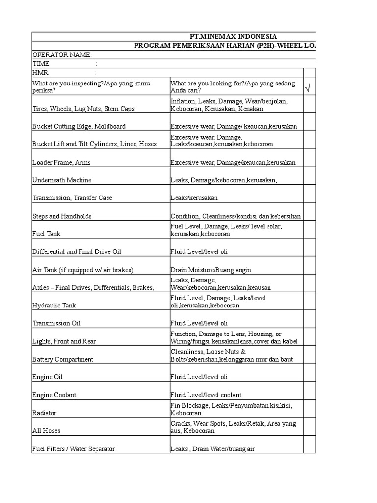 Daily Wheel Loader Inspection Checklist | PDF