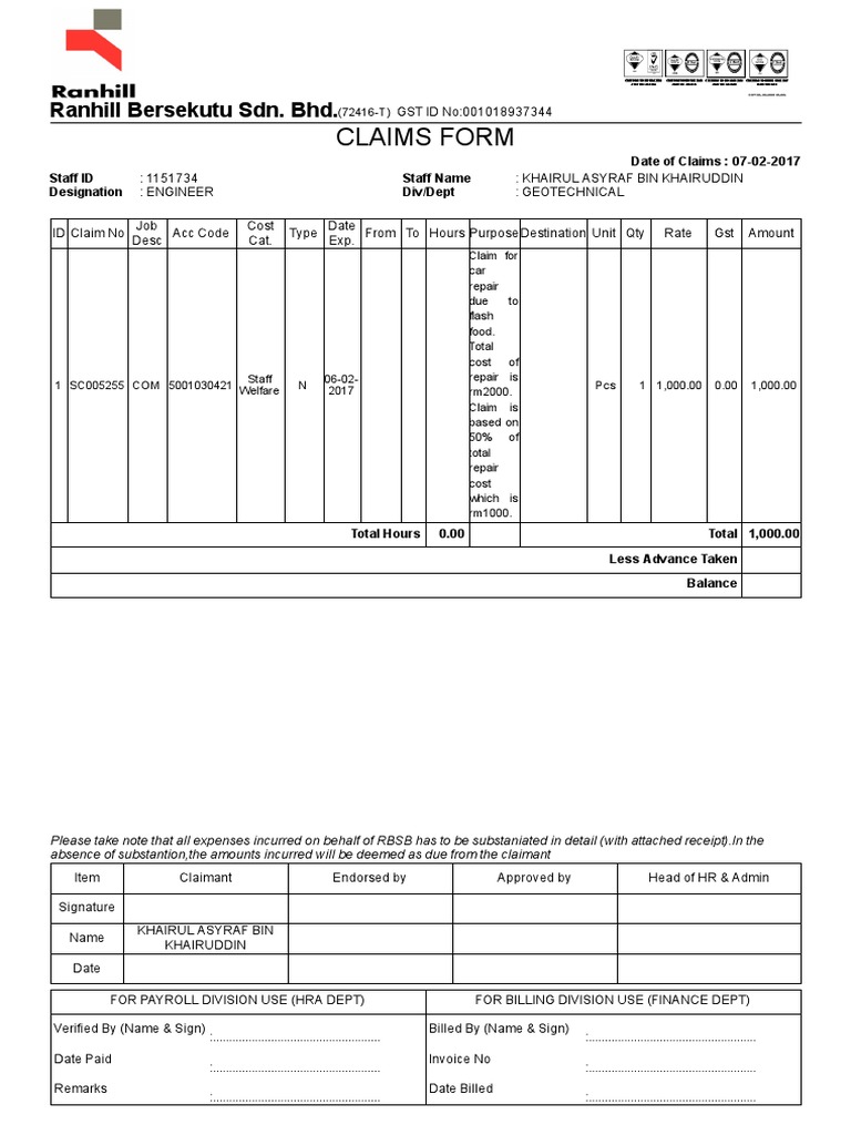 Claims Form Ranhill Bersekutu Sdn. BHD PDF Government Finances