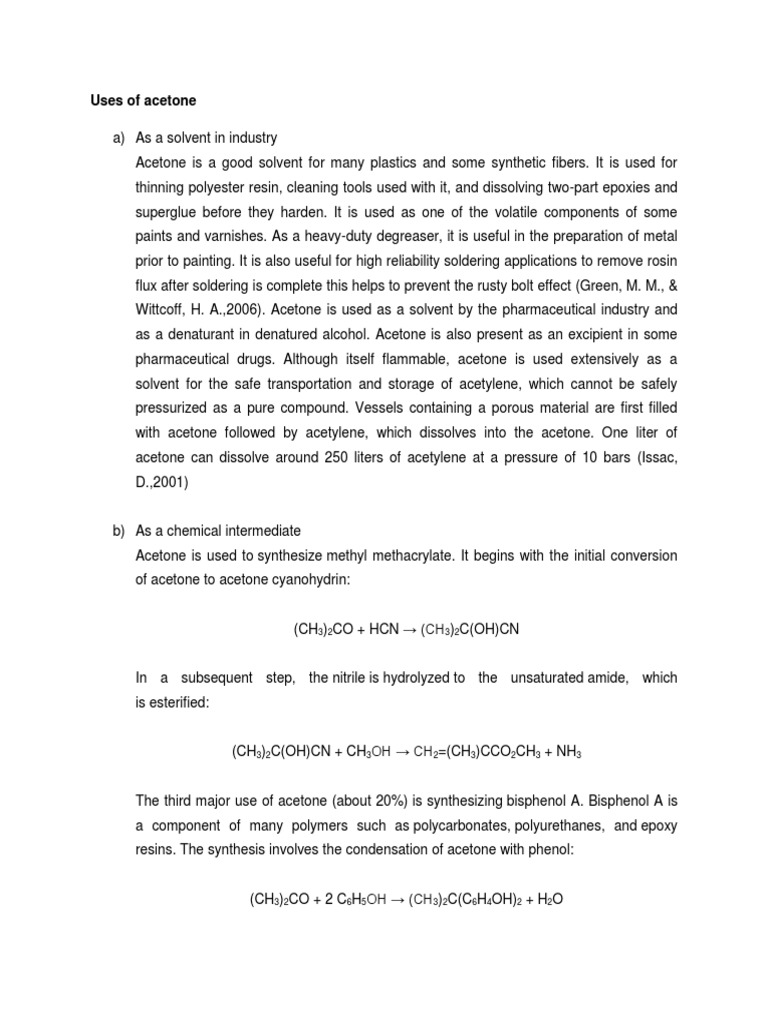 Uses of Acetone PDF Chemistry Materials