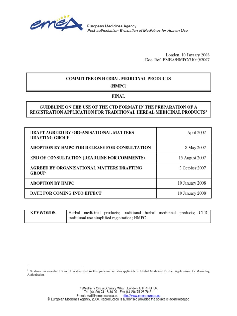 Ema Guideline on the Use of the Ctd Format in the Preparation of a Registration Application