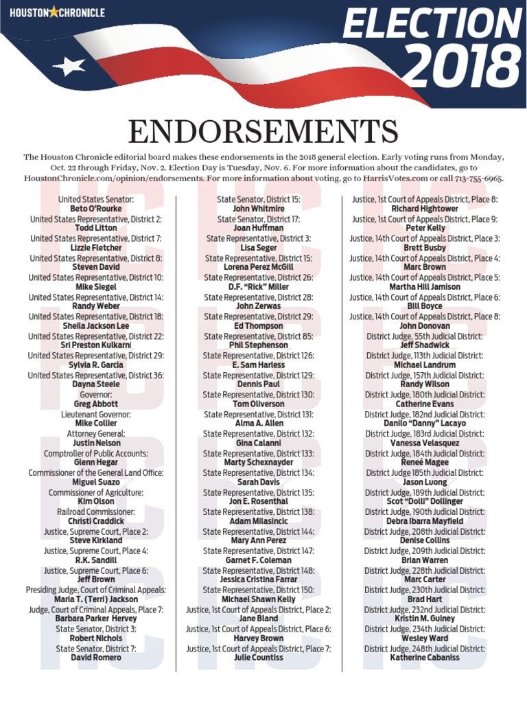 Houston Chronicle Editorial Board's Endorsements For The 2018 General