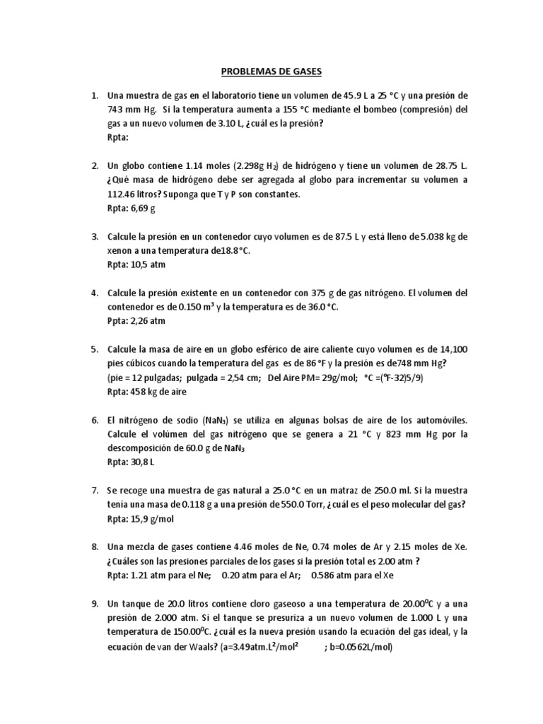 Problemas de Presión y Gases | PDF | Gases | Mole (Unidad)