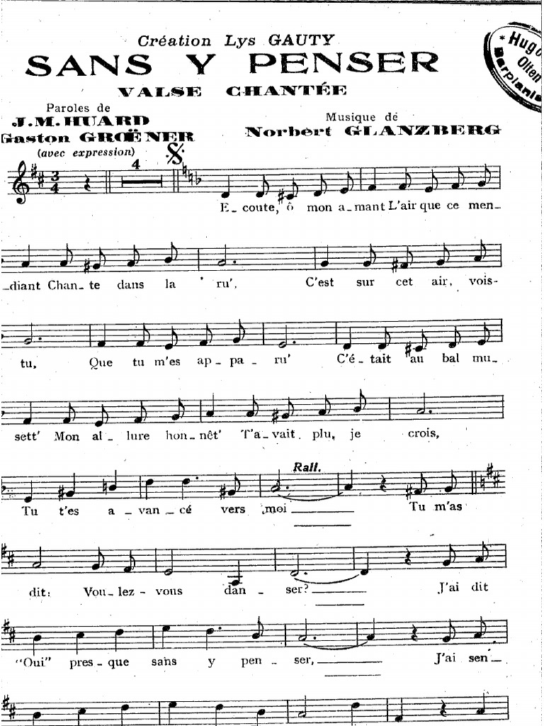 Norbert Glanzberg Sans Y Penser Waltz Chanson 1938 Sheet Music