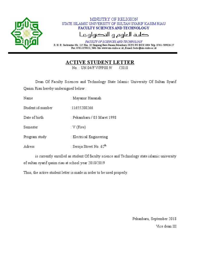 Active Student Letter - UIN Suska Riau | PDF