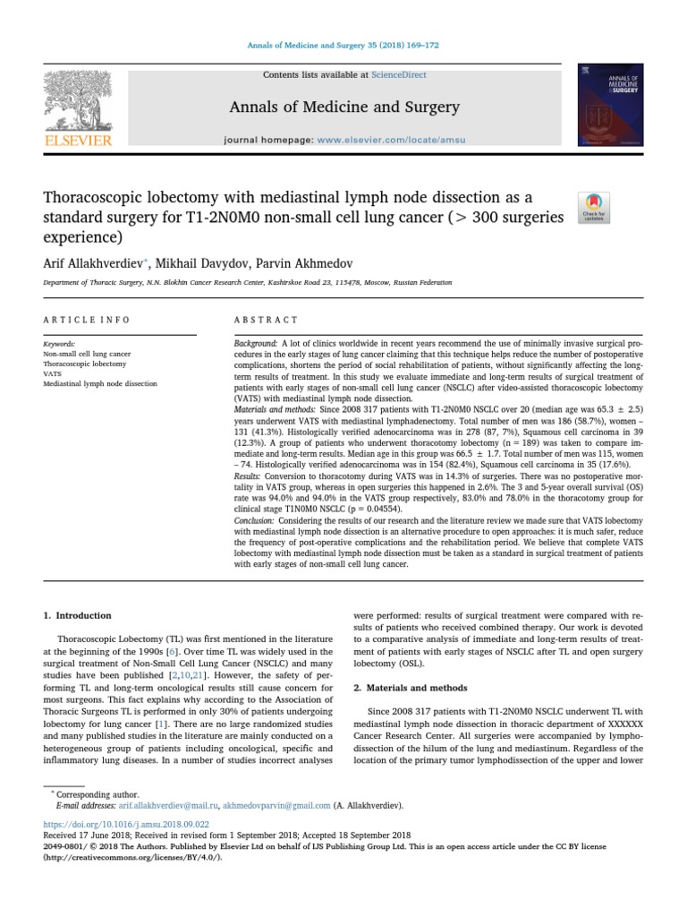 Thoracoscopic Lobectomy With Mediastinal Lymph Node Dissection As A ...