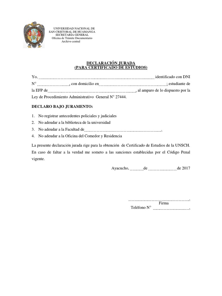 Declaración Jurada (Para Certificado De Estudios)
