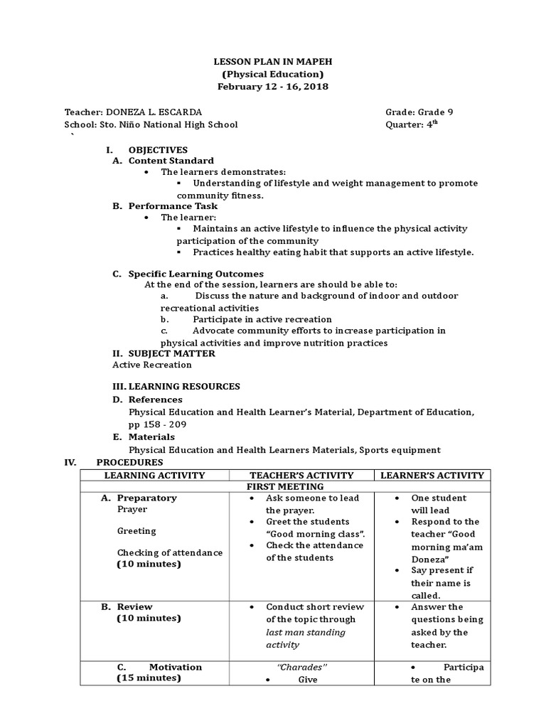 Grade 9 MAPEH 4th Quarter Lesson Plan | PDF | Physical Education ...