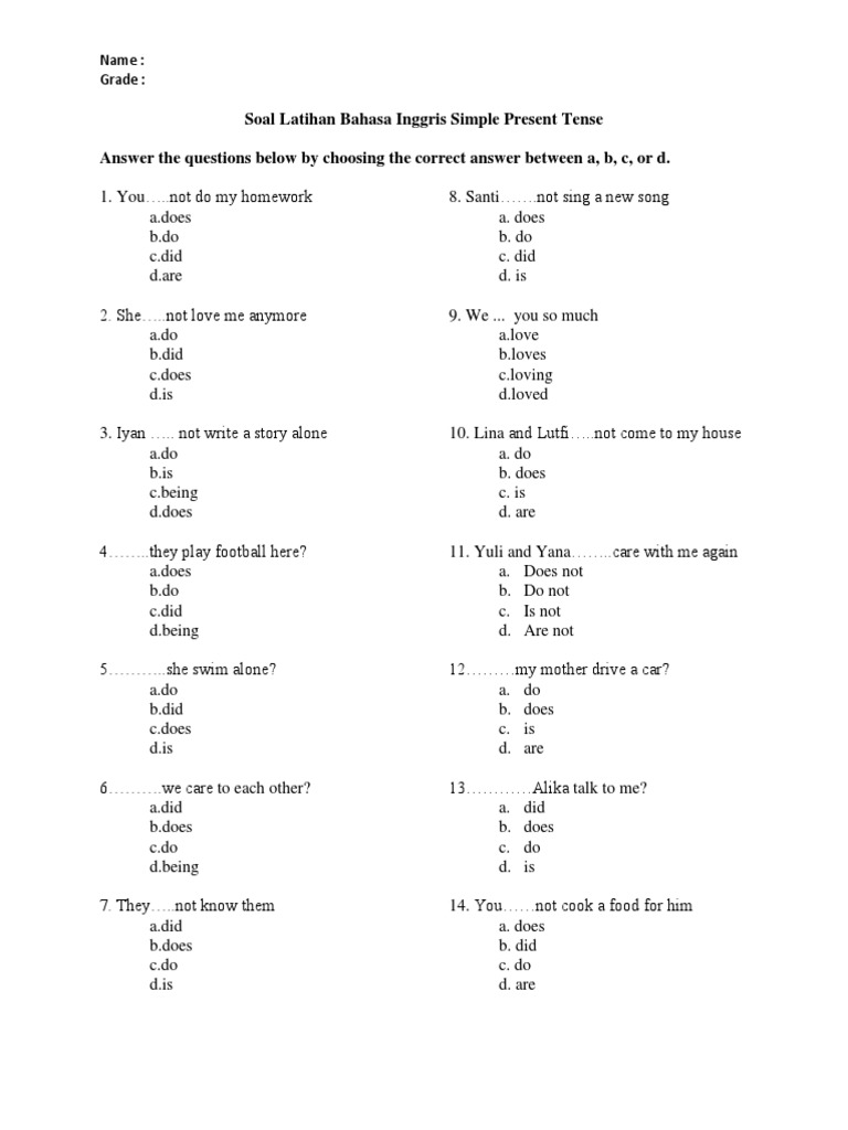 Soal Latihan Bahasa Inggris Pengunaan Do Dan Does | PDF