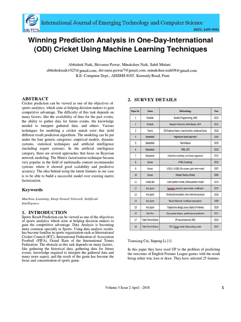 ODI Cricket Prediction Using AI Techniques | PDF | Prediction ...