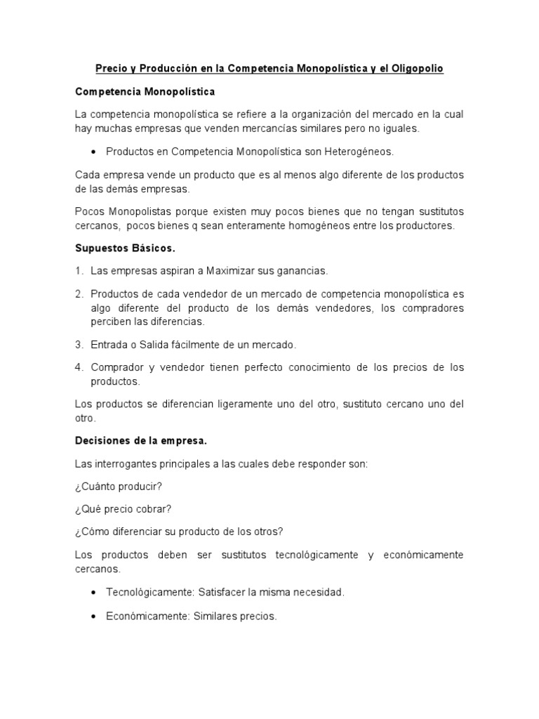 Precio y Producción en Monopolio y Oligopolio | PDF | Monopolio ...