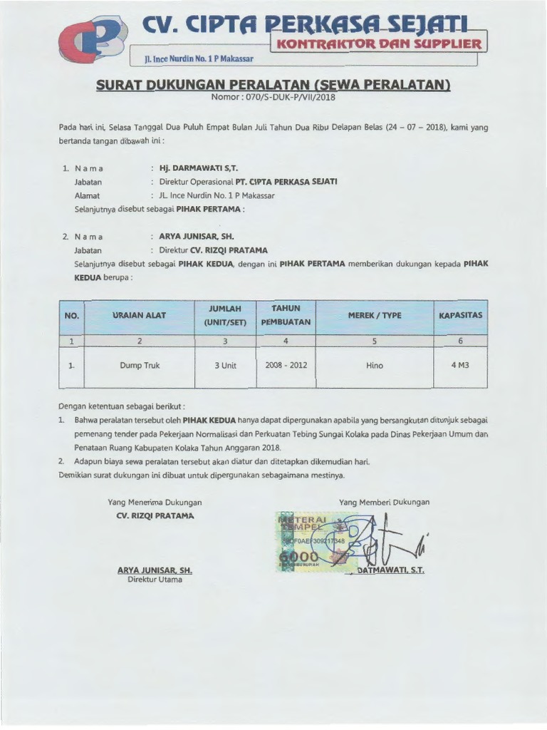 Contoh Surat Dukungan Dump Truk