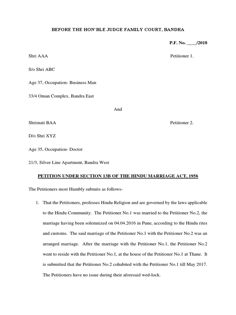 Draft Petition for Divorce by Mutual Consent Marriage Divorce