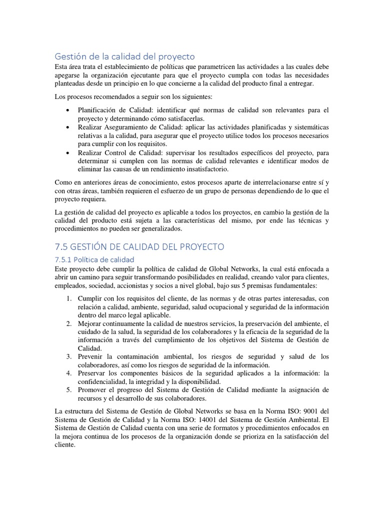 Gestión de Calidad en Proyectos | PDF | Gestión de la calidad | Calidad ...