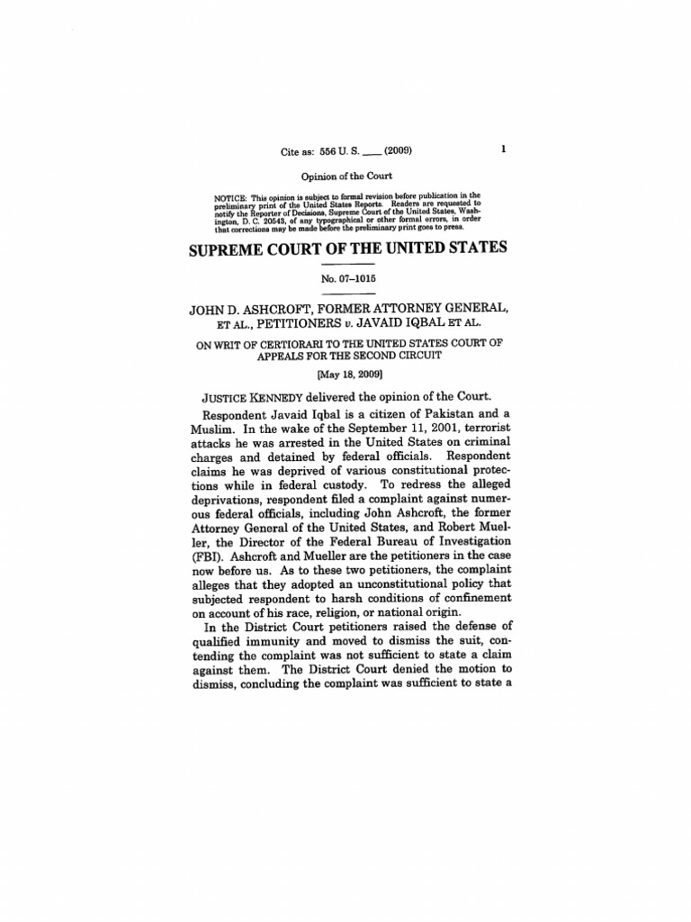 Ashcroft V Iqbal PDF Ashcroft V. Iqbal Bivens V. Six Unknown