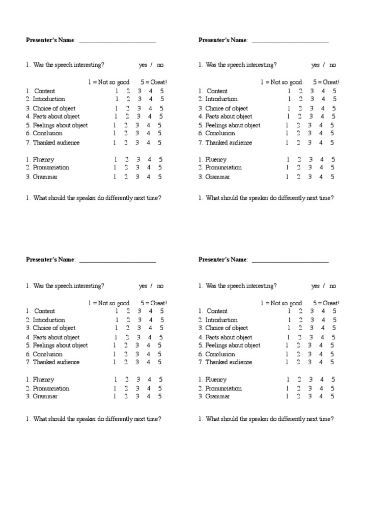 Speech Evaluation Form Template | PDF | Communication | Linguistics