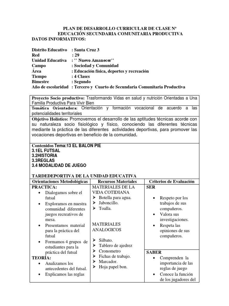 Plan de Clase Futsal Secundaria 2024 | PDF | Deportes | Educación ...