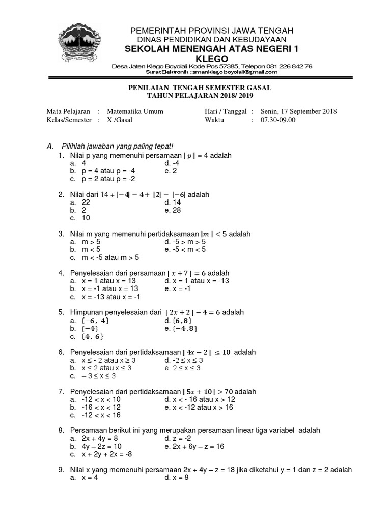 Contoh Soal Uts Matematika Wajib Kelas X