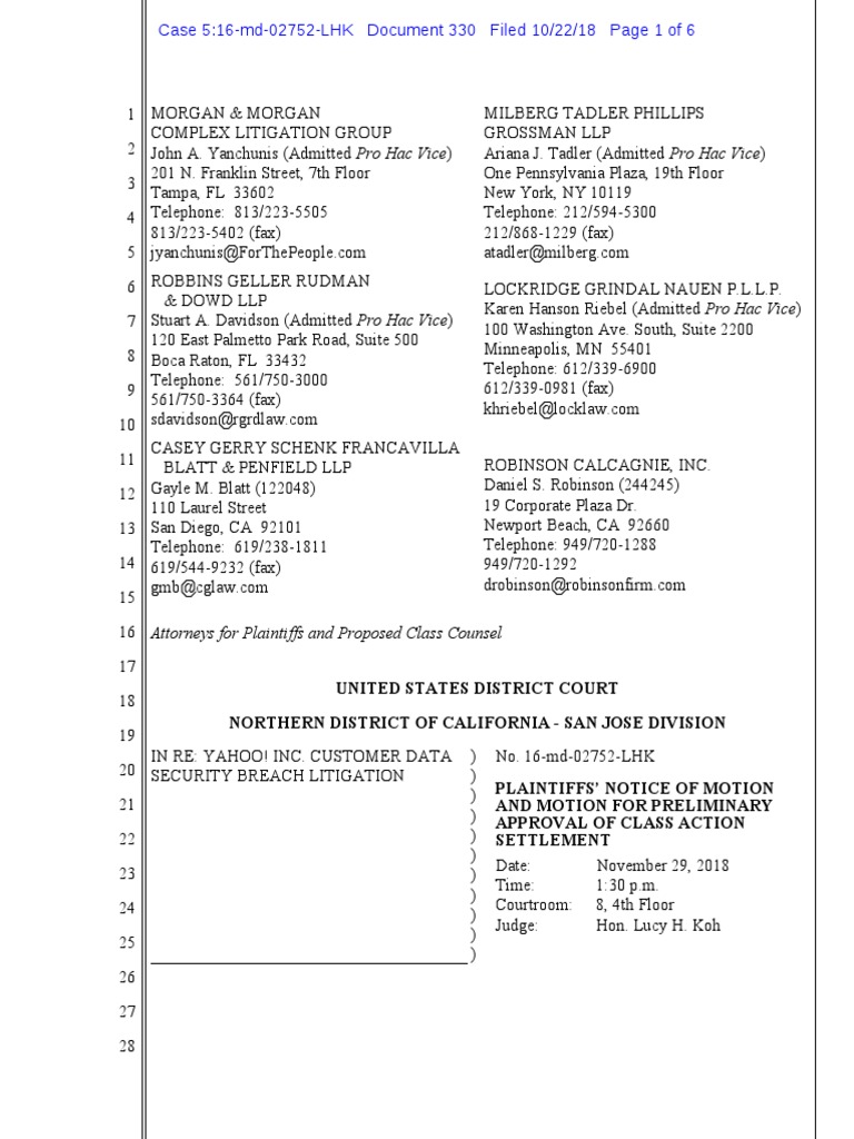 Yahoo Settlement PDF Class Action Separation Of Powers