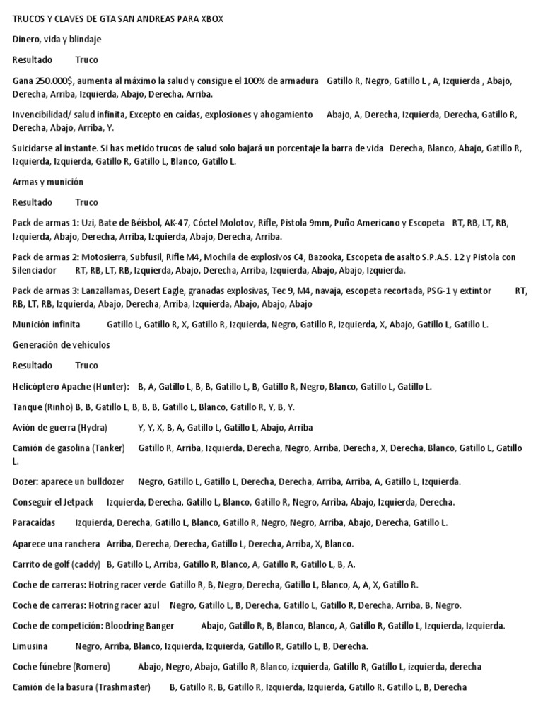 Trucos y Claves de Gta San Andreas para Xbox PDF Ocio Arsenal