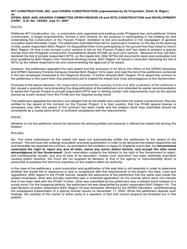 WT Construction V DPWH PDF Surety Bond Private Law