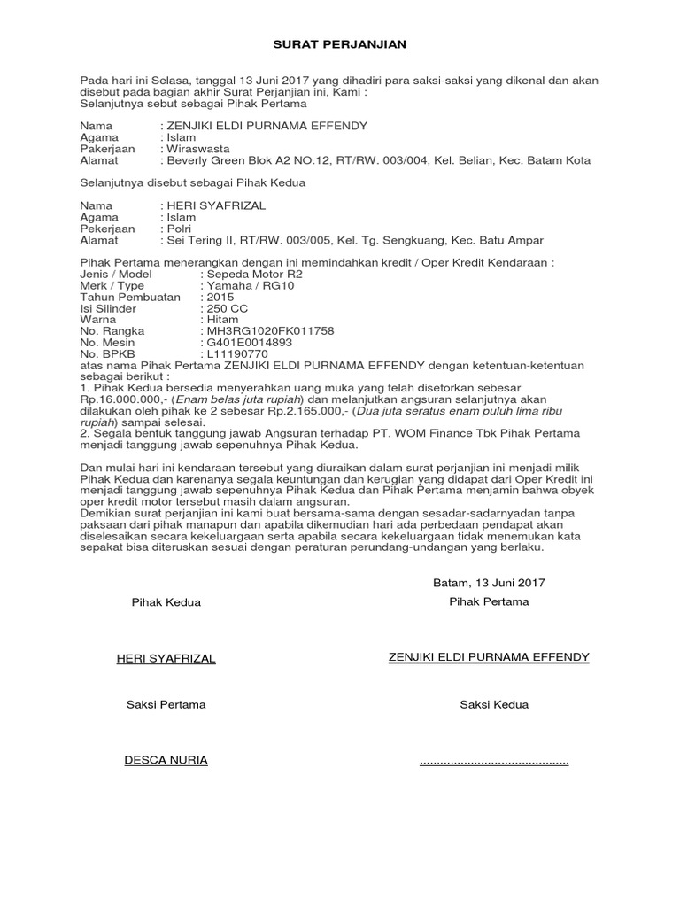 Surat Perjanjian Over Kredit Motor R25