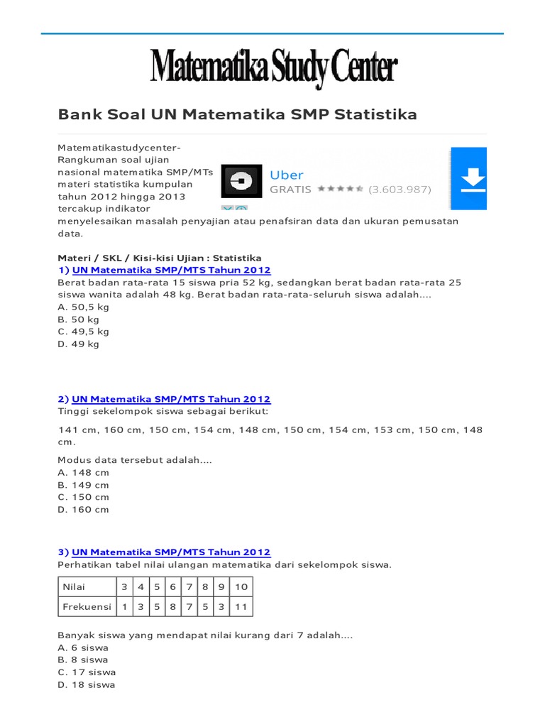 164 Bank Soal Un Matematika Smp Statistika