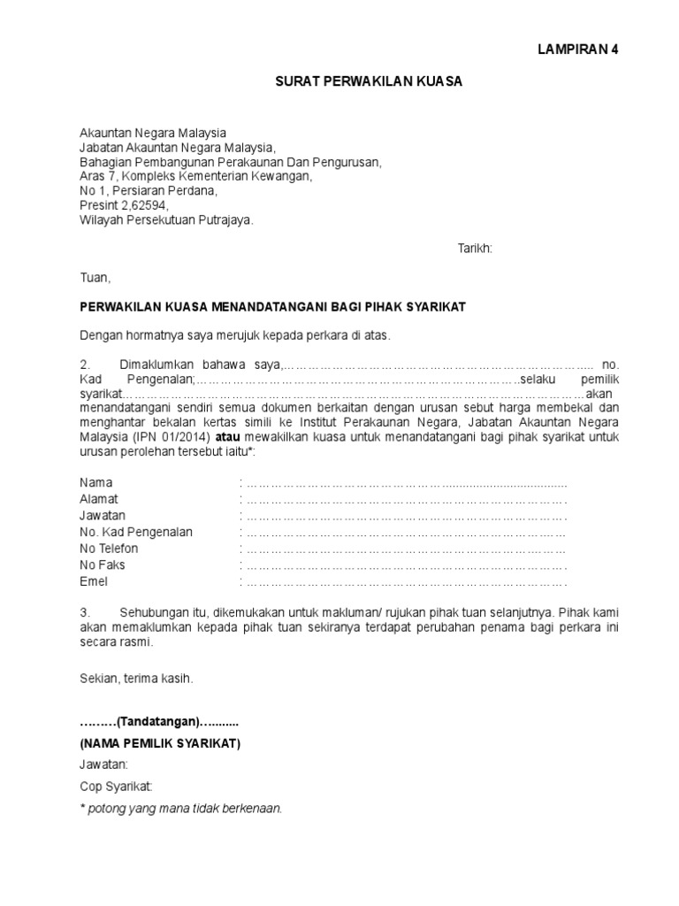Lampiran 4 Surat Perwakilan Kuasa Pdf