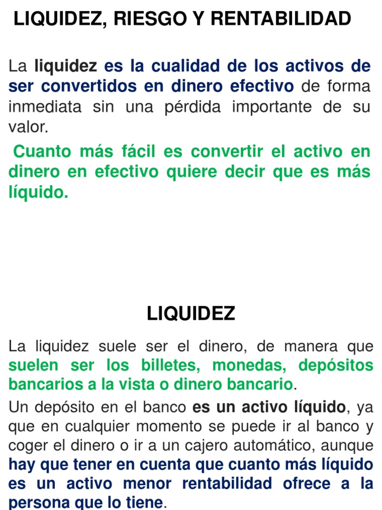 Liquidez, Riesgo y Rentabilidad Financiera | PDF | Liquidez de mercado |  Dinero