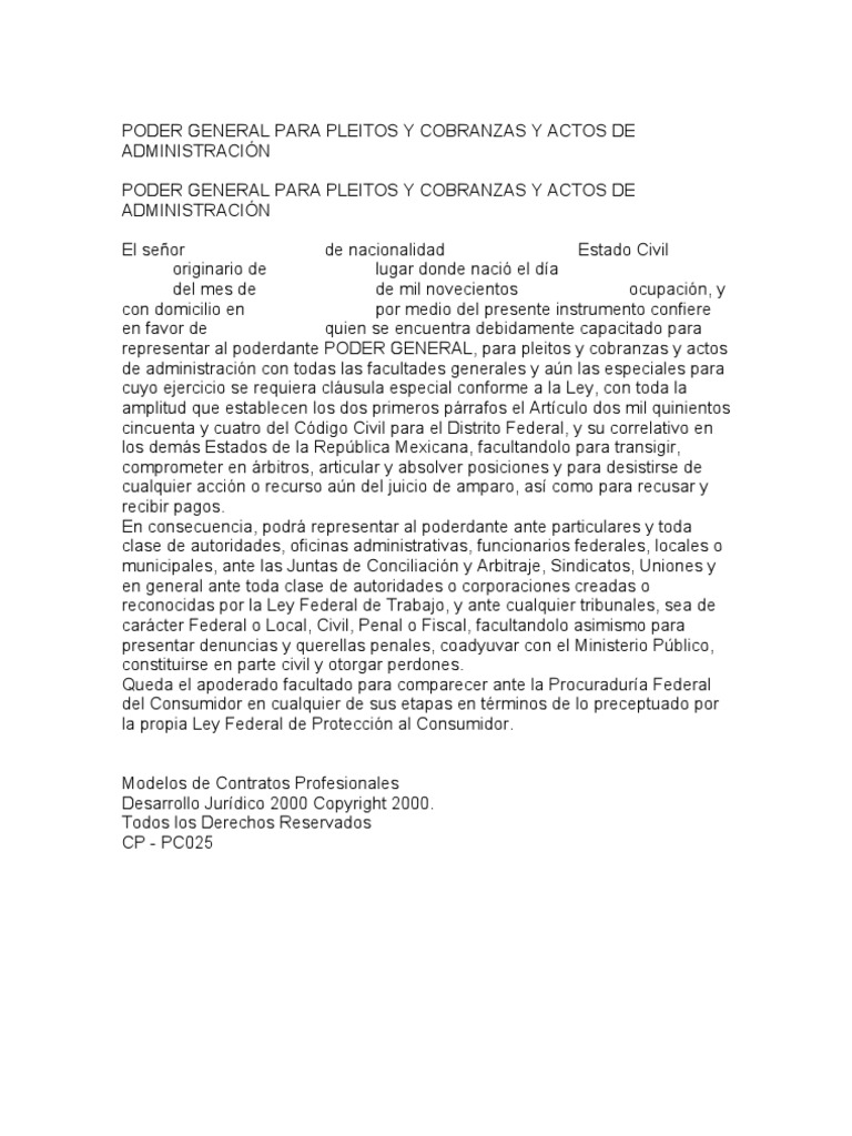 PODER GENERAL PARA PLEITOS Y COBRANZAS Y ACTOS DE 