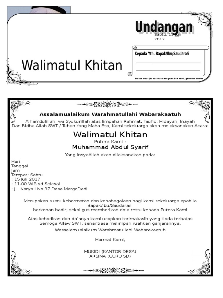 Contoh Undangan Sunat Rasul Atau Undangan Khitanan Dengan Microsoft