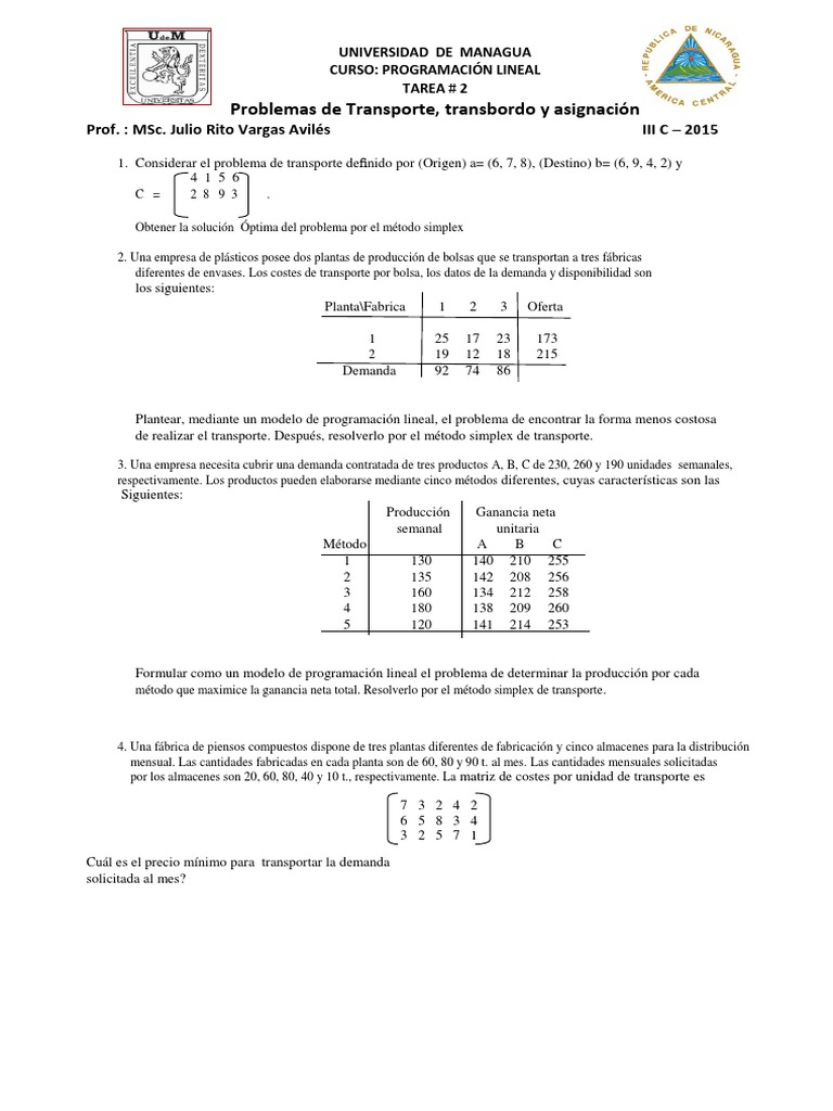 Tarea 2 Problemas de Transporte Asignacic3b3n y Transbordo | PDF ...
