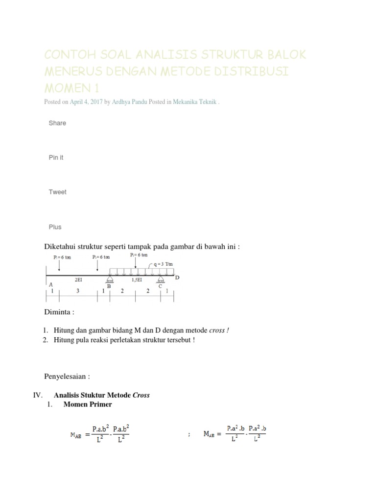Contoh Soal Analisis Struktur Balok Menerus Dengan Metode Distribusi Momen 1