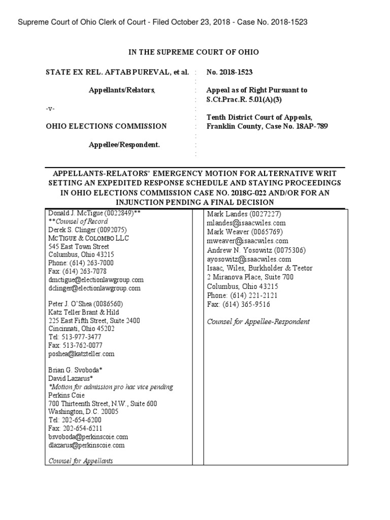 Pureval Ohio Supreme Court Motion for Expedited Proceedings Writ Of