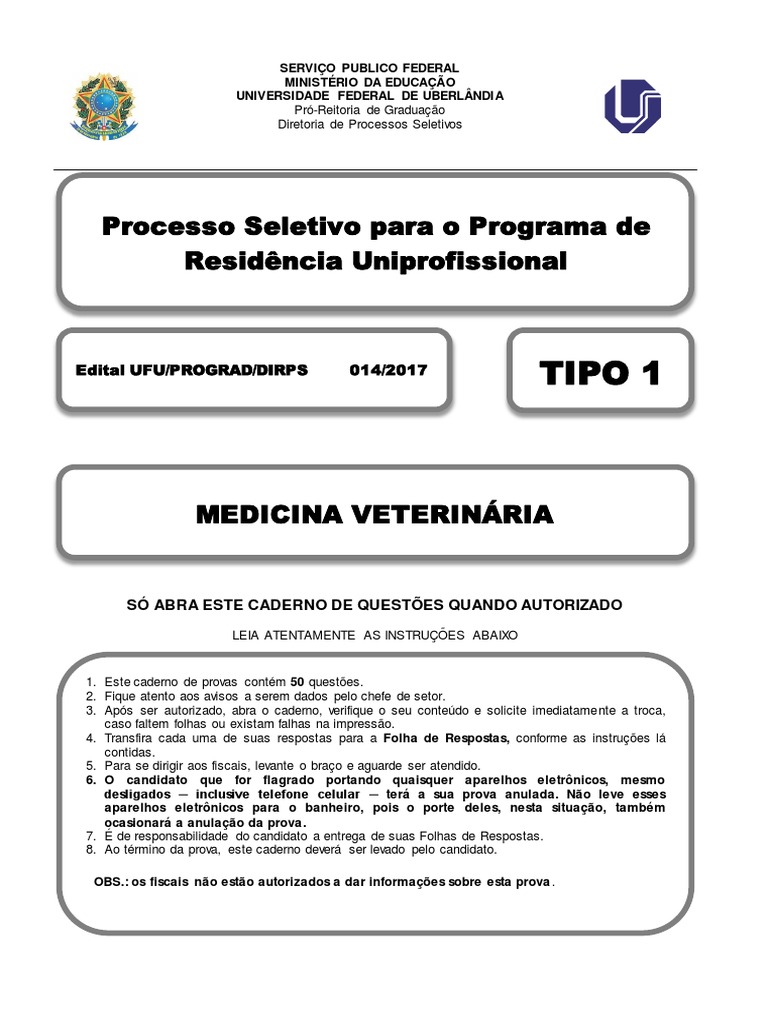 Prova de Residência Multiprofissional em Medicina Veterinária - UFU ...