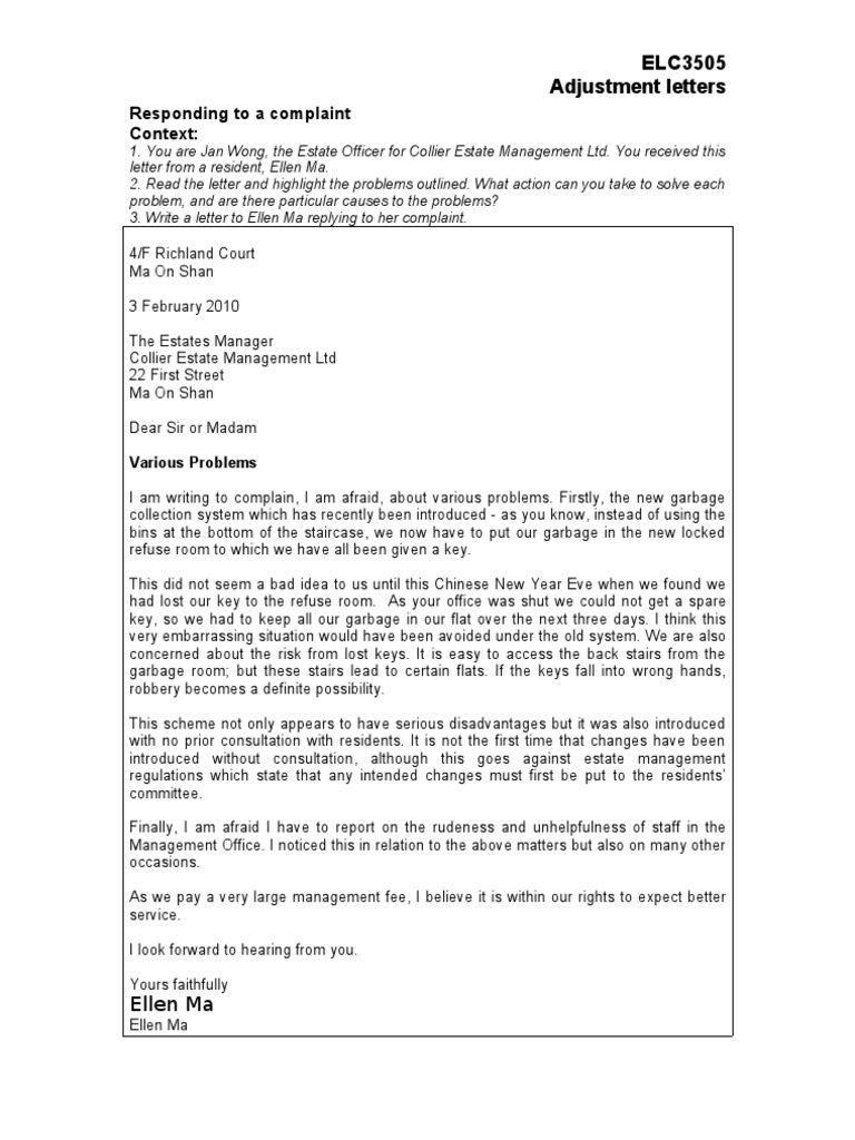 Estate Complaint Letter