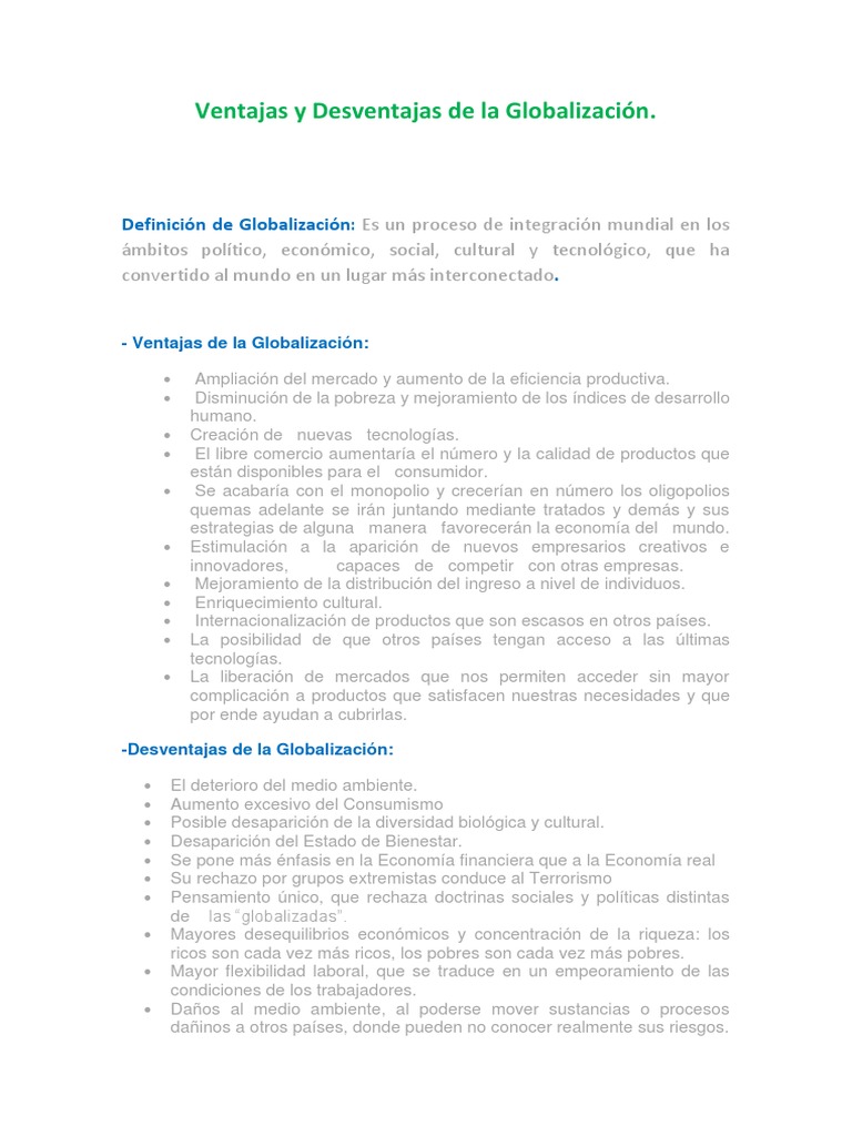 Ventajas y Desventajas de La Globalización | PDF | Globalización | Pobreza
