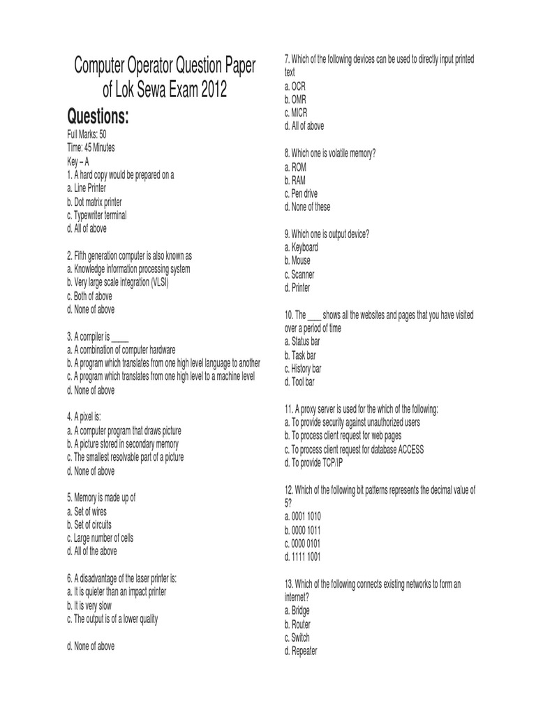 Computer Operator Question Paper Understanding Common Computer