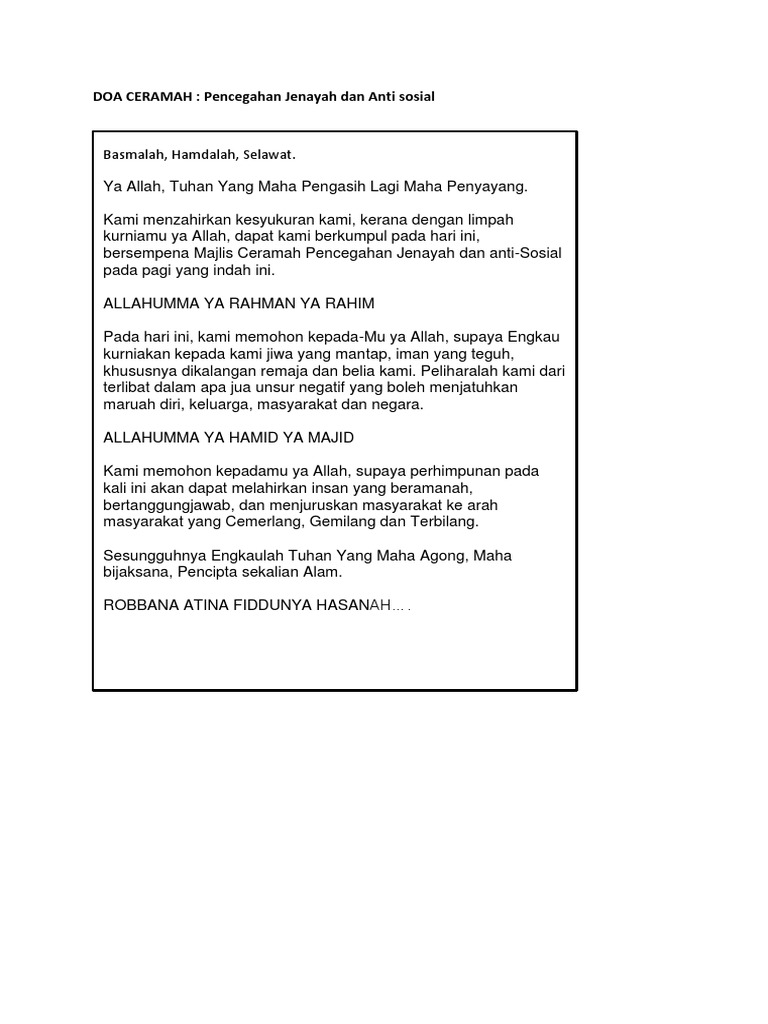 Doa Ceramah Pencegahan Jenayah Dan Anti Sosial