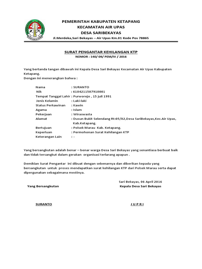 Contoh Surat Kehilangan Desa Sari Bekayas