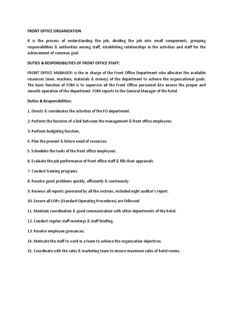 Duties & Responsibilities of Front Office Staff PDF Cheque