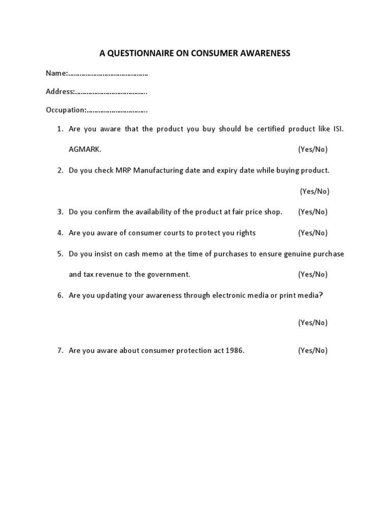 Consumer Awareness Questionnaire Class 10 | PDF