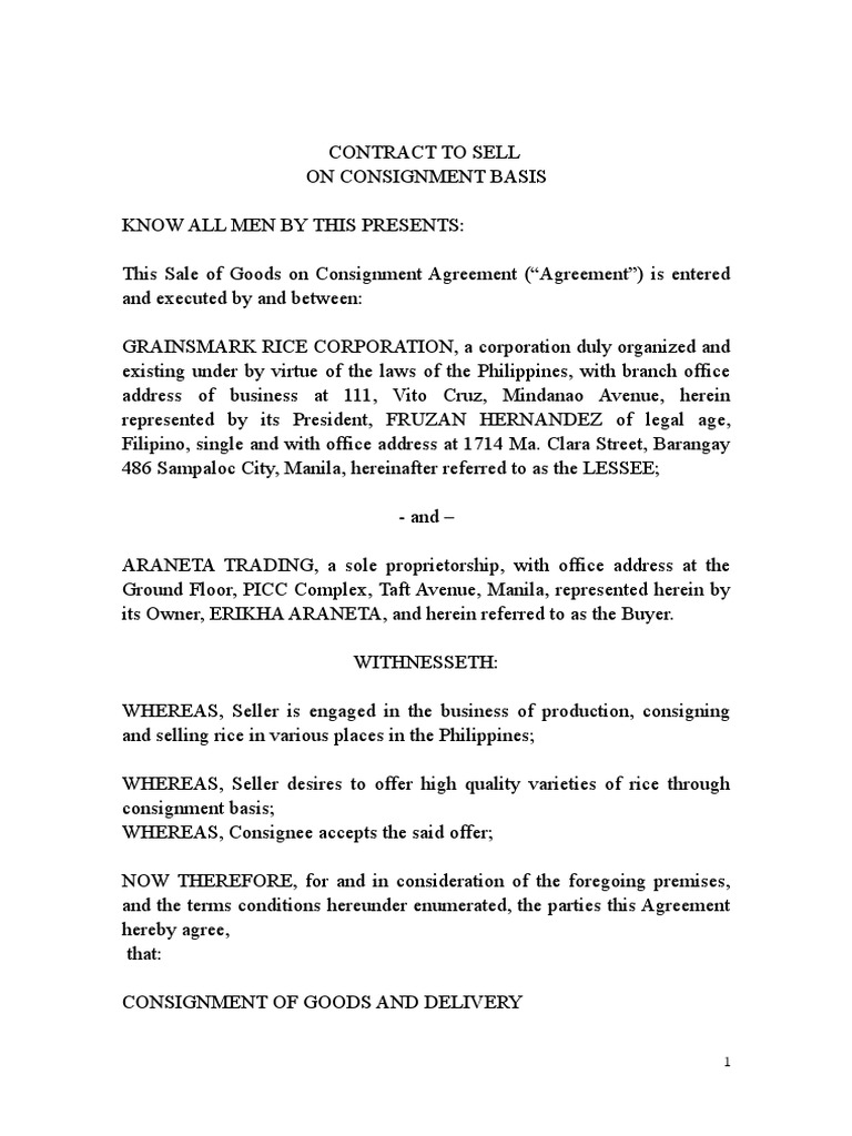 Consignment Agreement  PDF  Sales  Private Law Inside simple consignment agreement template