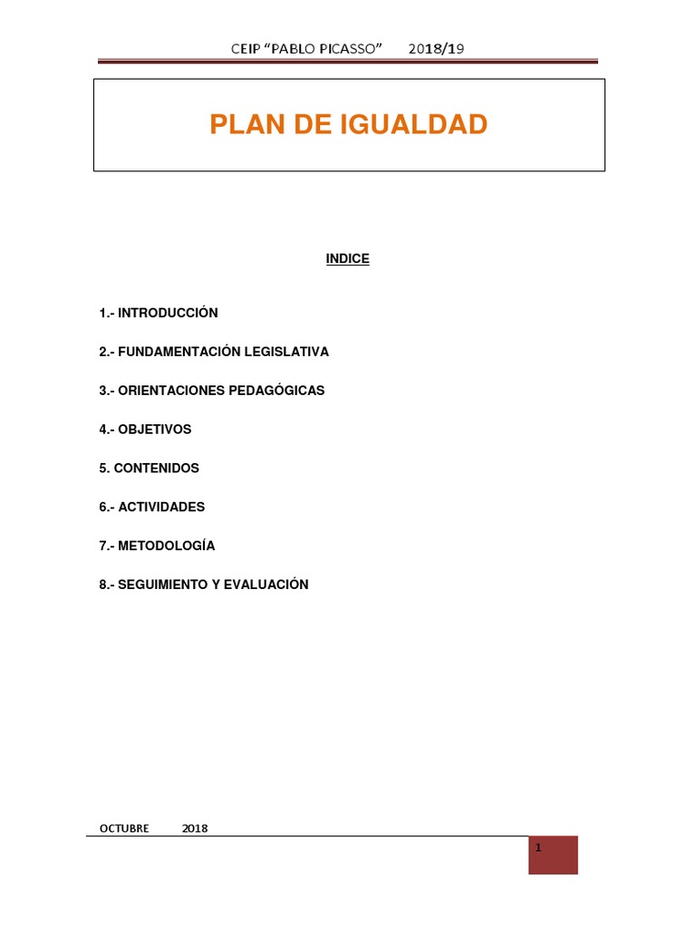 Plan de Igualdad CEIP Pablo Picasso 2018/19 | PDF | Igualdad social ...